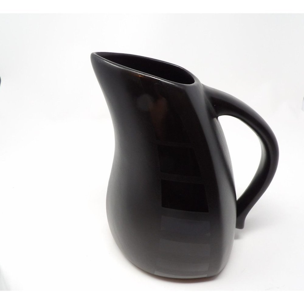 Vintage Black Tone on Tone Glazed Ceramic Pitcher Matte with Glossy Stripes Uniq